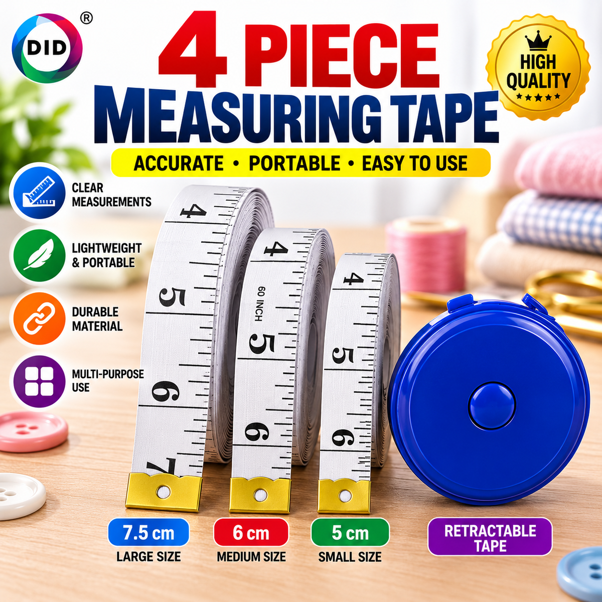 4 Piece Measuring Tape Set – Flexible Sewing Tape Measures with Retractable Tape for Tailoring, Dressmaking, Crafts & Body Measurements