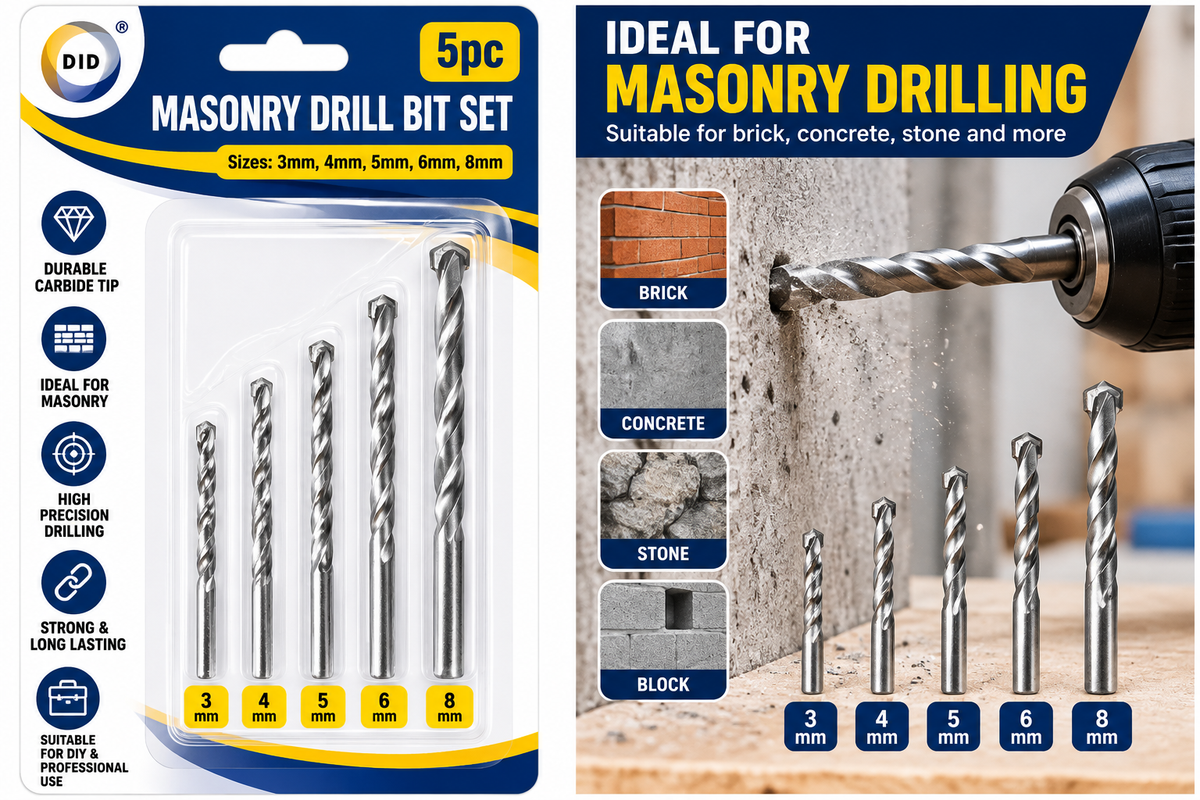 5PC Masonry Drill Bit Set 3mm 4mm 5mm 6mm 8mm – Carbide Tip Drill Bits for Brick, Concrete, Stone & Block | DIY & Home Improvement