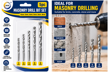 5PC Masonry Drill Bit Set 3mm 4mm 5mm 6mm 8mm – Carbide Tip Drill Bits for Brick, Concrete, Stone & Block | DIY & Home Improvement