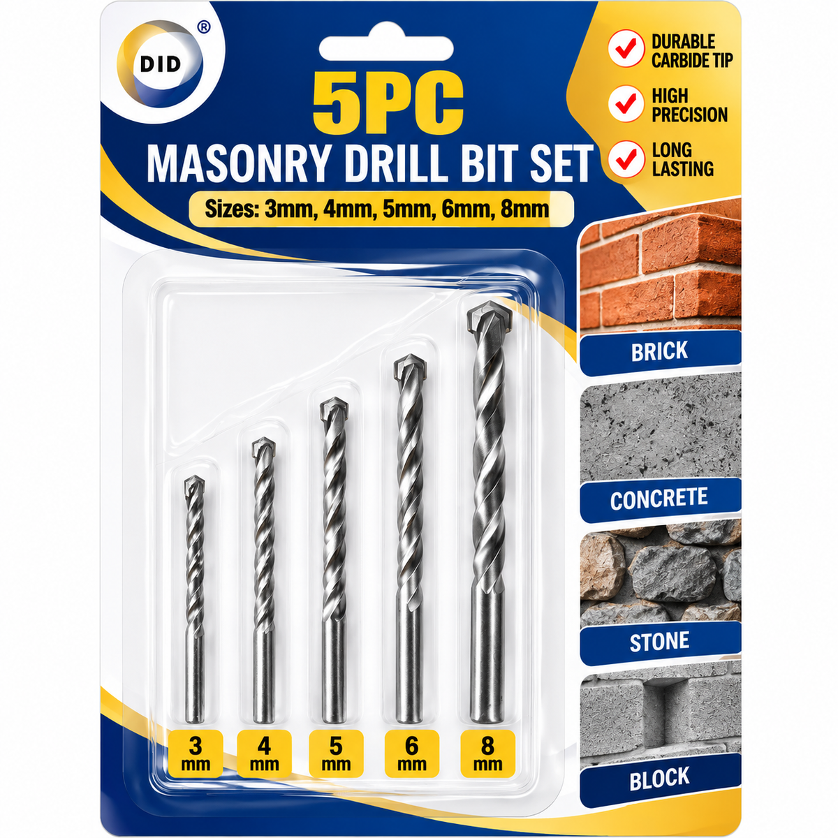 5PC Masonry Drill Bit Set 3mm 4mm 5mm 6mm 8mm – Carbide Tip Drill Bits for Brick, Concrete, Stone & Block | DIY & Home Improvement