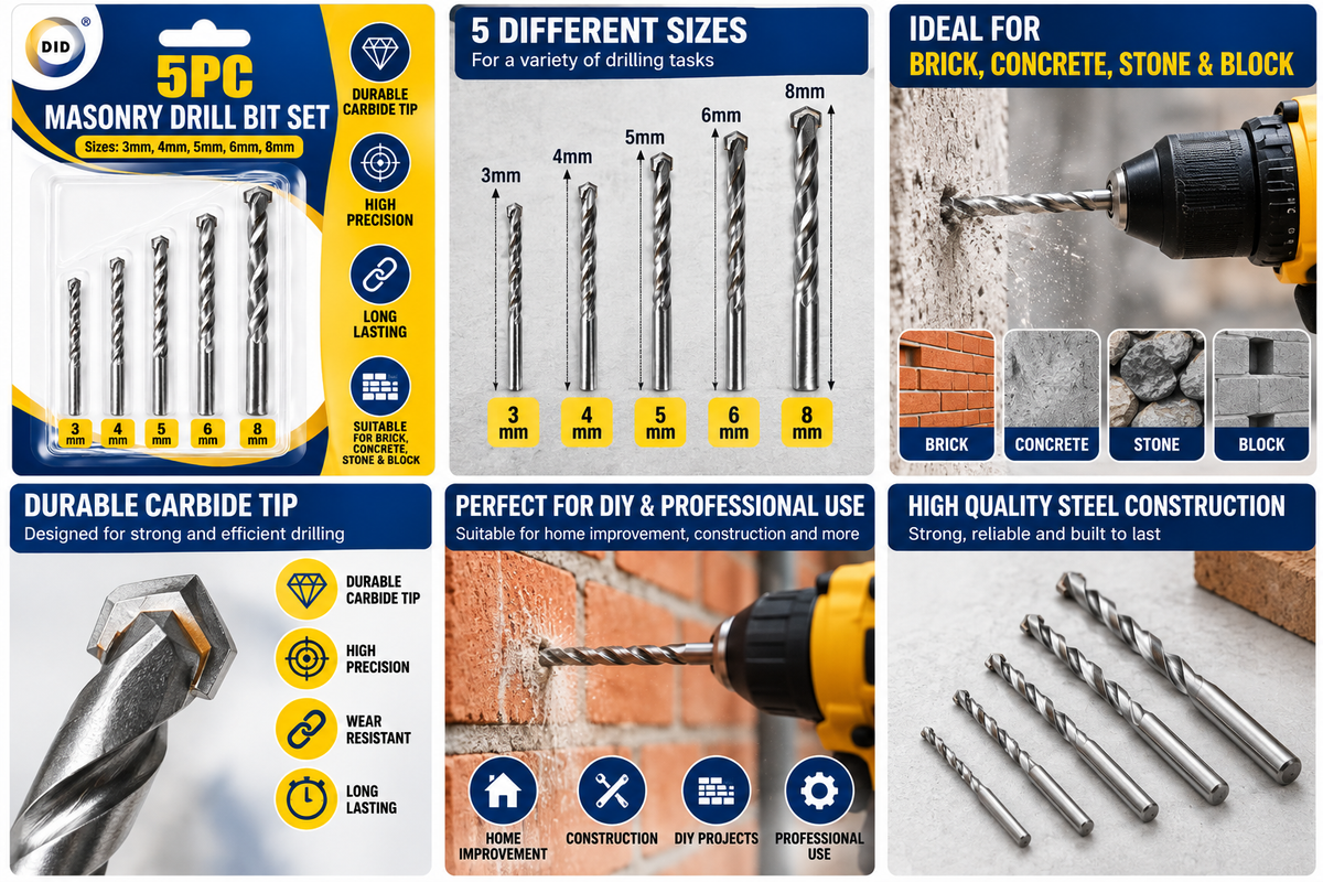 5PC Masonry Drill Bit Set 3mm 4mm 5mm 6mm 8mm – Carbide Tip Drill Bits for Brick, Concrete, Stone & Block | DIY & Home Improvement