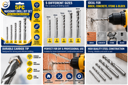 5PC Masonry Drill Bit Set 3mm 4mm 5mm 6mm 8mm – Carbide Tip Drill Bits for Brick, Concrete, Stone & Block | DIY & Home Improvement
