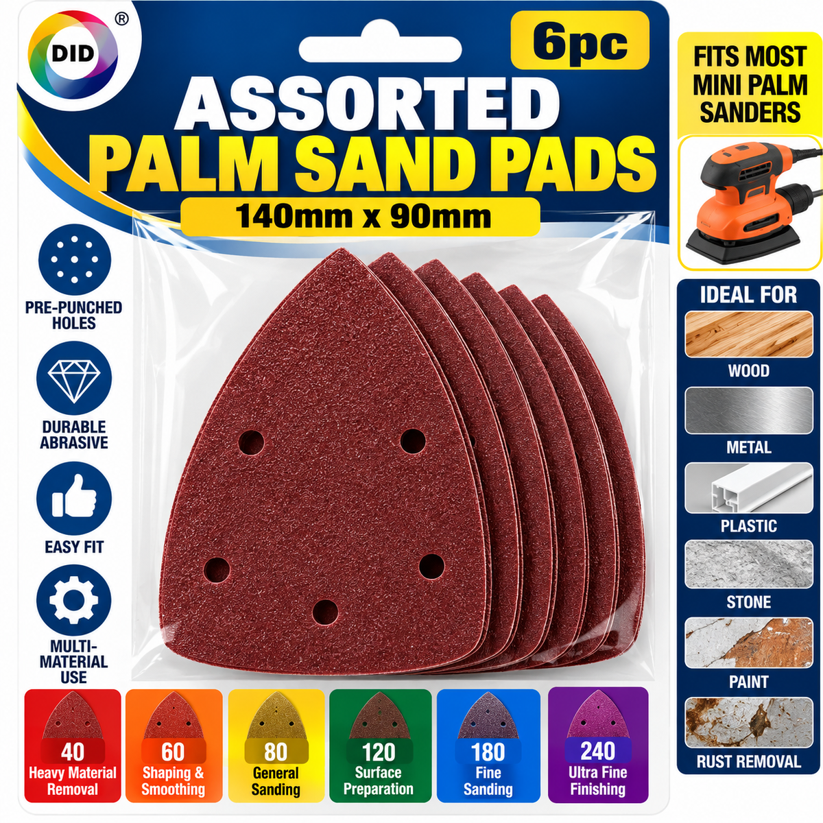 6PC Assorted Palm Sander Pads 140x90mm – 40 60 80 120 180 240 Grit Sanding Sheets, Pre-Punched Sandpaper for Wood, Metal, Plastic, Paint, DIY