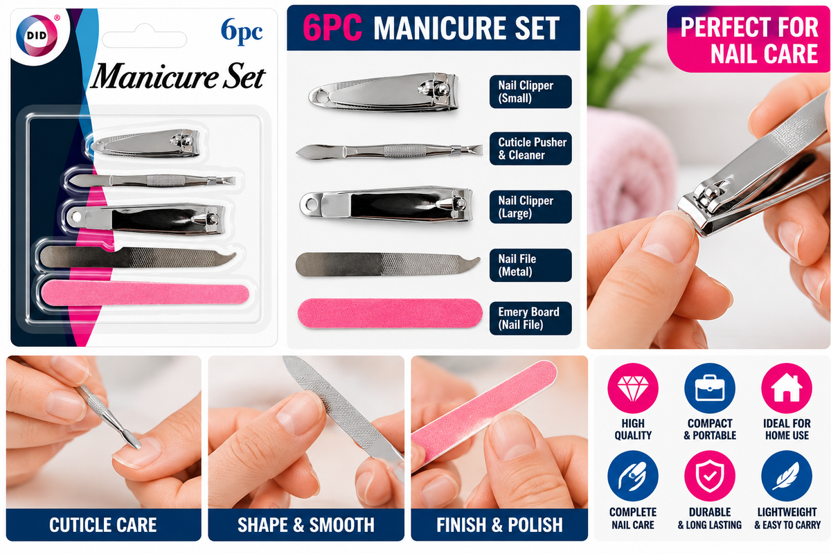 6PC Manicure Set – Nail Clippers, Cuticle Tool, Metal Nail File & Emery Board | Manicure Pedicure Nail Care Kit for Home & Travel