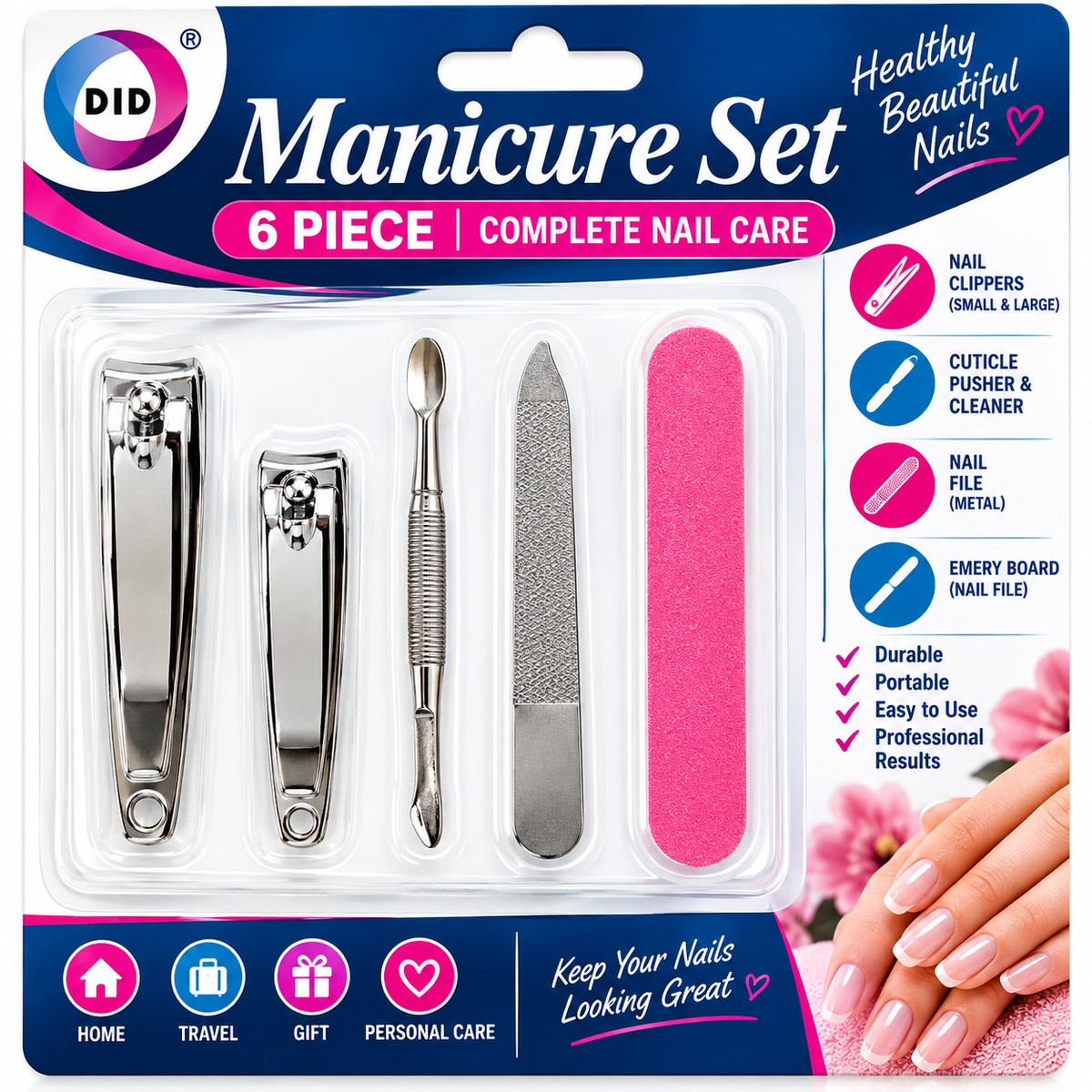 6PC Manicure Set – Nail Clippers, Cuticle Tool, Metal Nail File & Emery Board | Manicure Pedicure Nail Care Kit for Home & Travel