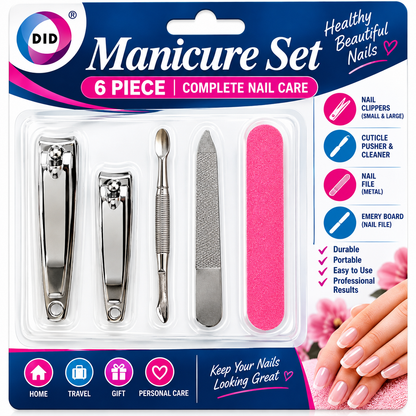 6PC Manicure Set – Nail Clippers, Cuticle Tool, Metal Nail File & Emery Board | Manicure Pedicure Nail Care Kit for Home & Travel