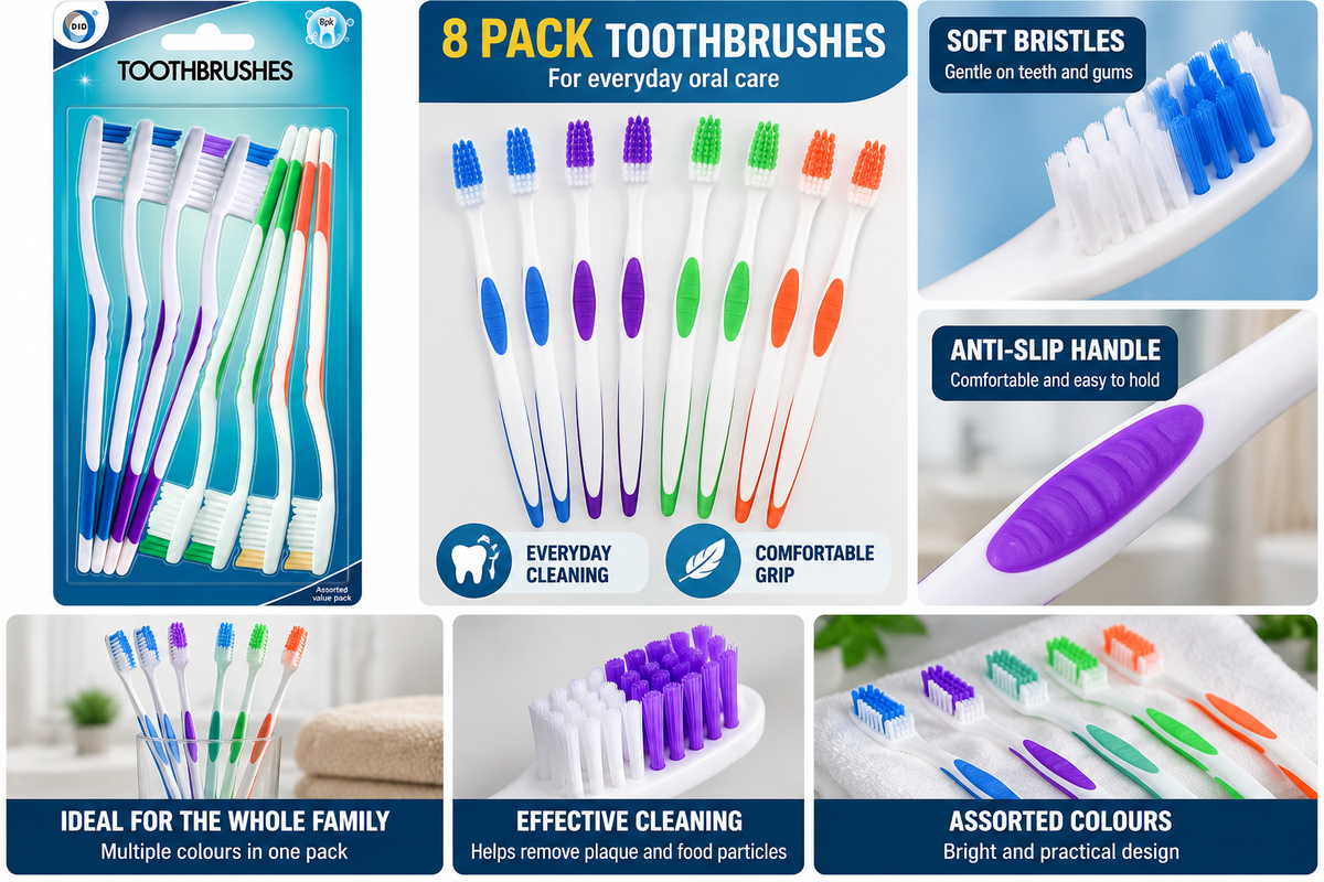 8 Pack Toothbrushes – Assorted Colour Manual Toothbrush Value Pack with Comfortable Grip | Everyday Oral Care & Family Dental Hygiene