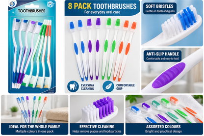 8 Pack Toothbrushes – Assorted Colour Manual Toothbrush Value Pack with Comfortable Grip | Everyday Oral Care & Family Dental Hygiene