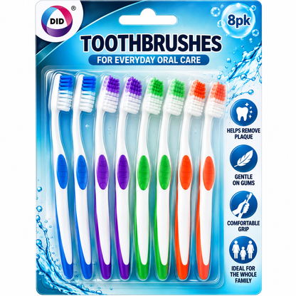 8 Pack Toothbrushes – Assorted Colour Manual Toothbrush Value Pack with Comfortable Grip | Everyday Oral Care & Family Dental Hygiene
