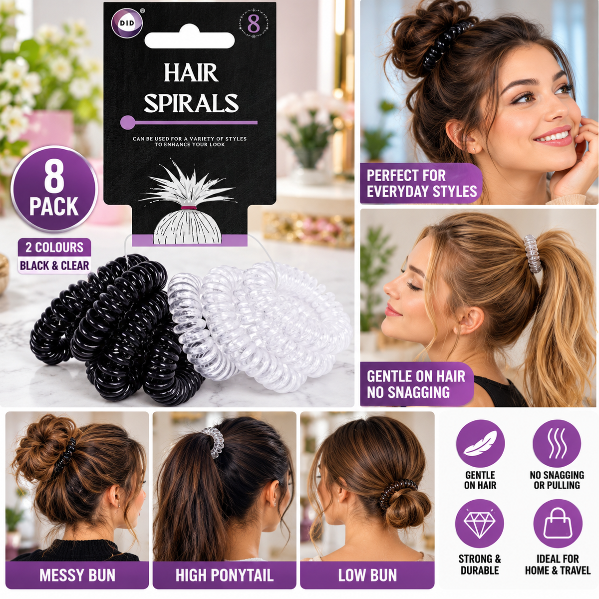 8 Pack Spiral Hair Ties – Black & Clear Coil Hair Bands, No-Crease Style Ponytail Holders for Buns, Ponytails, Everyday Hair Styling & Travel