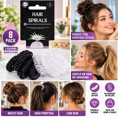 8 Pack Spiral Hair Ties – Black & Clear Coil Hair Bands, No-Crease Style Ponytail Holders for Buns, Ponytails, Everyday Hair Styling & Travel