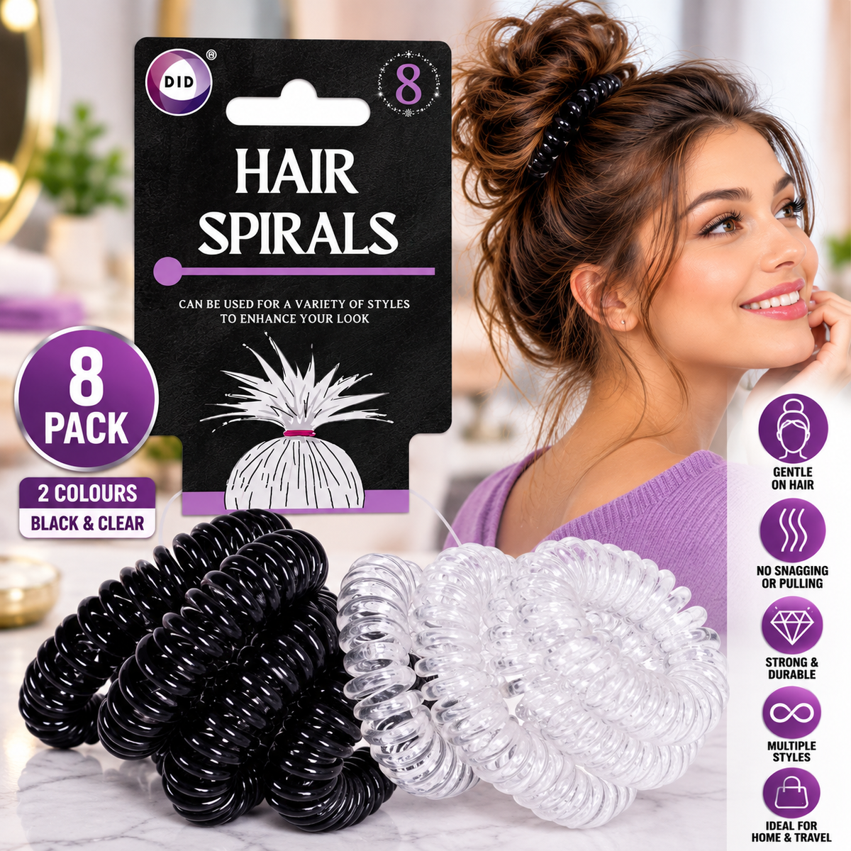 8 Pack Spiral Hair Ties – Black & Clear Coil Hair Bands, No-Crease Style Ponytail Holders for Buns, Ponytails, Everyday Hair Styling & Travel