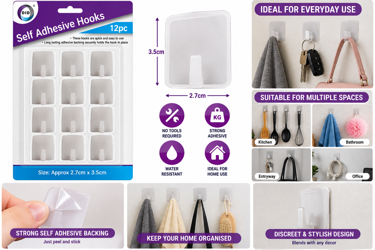 12 Pack Self Adhesive Wall Hooks – Strong Stick-On Hooks 2.7 x 3.5cm, No Drill Hanging Hooks for Kitchen, Bathroom, Bedroom, Office & Home Organisation