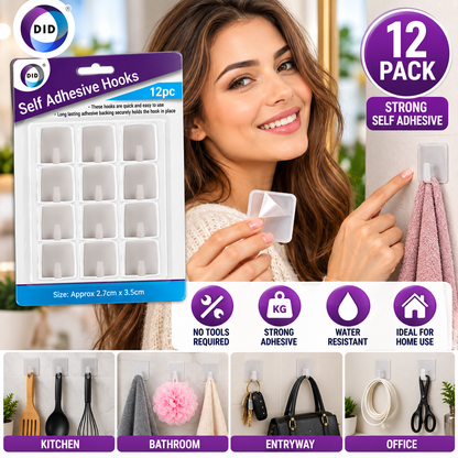 12 Pack Self Adhesive Wall Hooks – Strong Stick-On Hooks 2.7 x 3.5cm, No Drill Hanging Hooks for Kitchen, Bathroom, Bedroom, Office & Home Organisation
