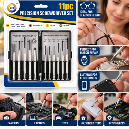11PC Precision Screwdriver Set – Mini Flathead & Phillips Screwdrivers with Awl for Glasses, Watches, Electronics, Cameras, Laptops, Toys & DIY Repair