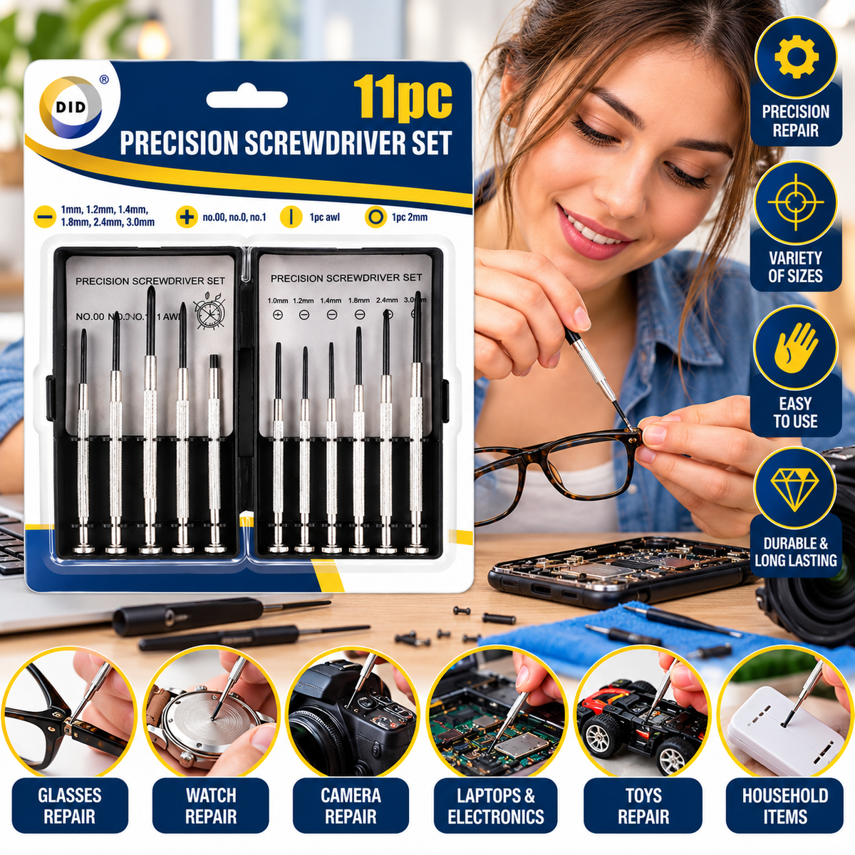 11PC Precision Screwdriver Set – Mini Flathead & Phillips Screwdrivers with Awl for Glasses, Watches, Electronics, Cameras, Laptops, Toys & DIY Repair