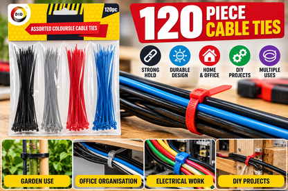 120PC Assorted Colour Cable Ties – 100mm Nylon Zip Ties in Black, Grey, Red & Blue | Strong Cable Management Ties for Home, Office, Garden & DIY