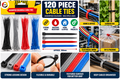 120PC Assorted Colour Cable Ties – 100mm Nylon Zip Ties in Black, Grey, Red & Blue | Strong Cable Management Ties for Home, Office, Garden & DIY