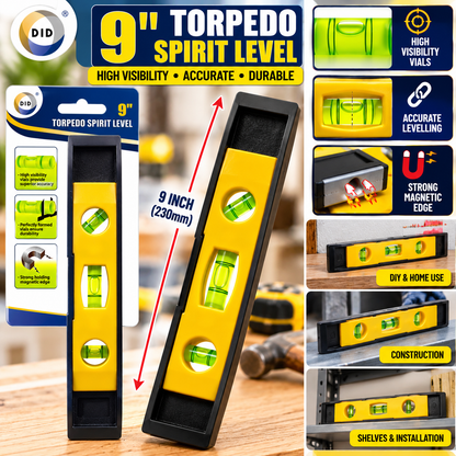 9 Inch Magnetic Torpedo Spirit Level – 230mm 3 Vial Mini Level with Horizontal, Vertical & 45° Angle Vials for DIY, Shelves, Construction, Plumbing & Home Improvement