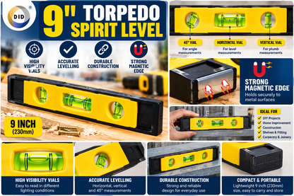 9 Inch Magnetic Torpedo Spirit Level – 230mm 3 Vial Mini Level with Horizontal, Vertical & 45° Angle Vials for DIY, Shelves, Construction, Plumbing & Home Improvement