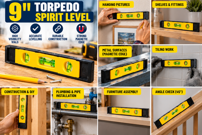 9 Inch Magnetic Torpedo Spirit Level – 230mm 3 Vial Mini Level with Horizontal, Vertical & 45° Angle Vials for DIY, Shelves, Construction, Plumbing & Home Improvement