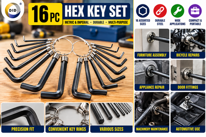 16PC Hex Key Set – Metric & Imperial Allen Keys on Storage Rings | Assorted L-Shaped Hex Wrench Set for Furniture, Bikes, Machinery, Automotive & DIY