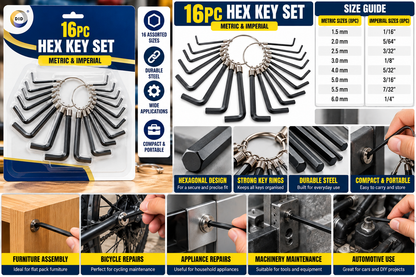 16PC Hex Key Set – Metric & Imperial Allen Keys on Storage Rings | Assorted L-Shaped Hex Wrench Set for Furniture, Bikes, Machinery, Automotive & DIY