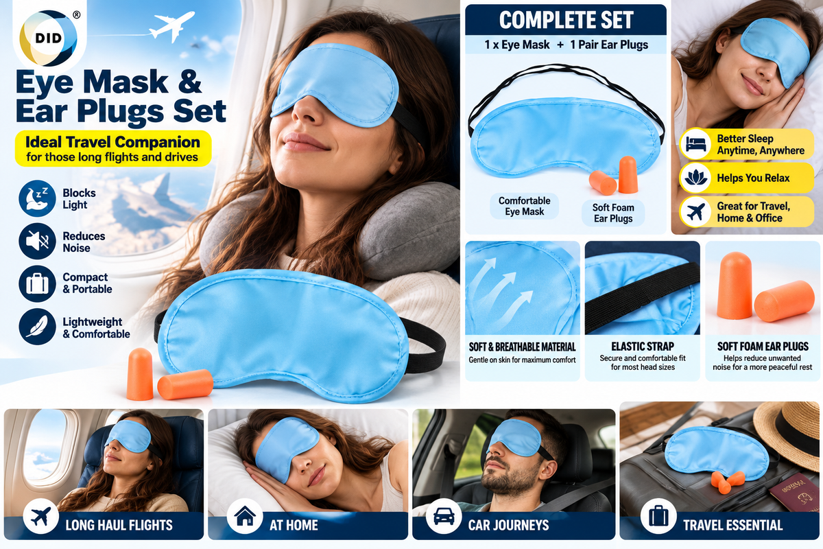 Travel Eye Mask & Ear Plugs Set – Lightweight Sleep Mask with Soft Foam Earplugs for Flights, Holidays, Home, Hotels & Travel