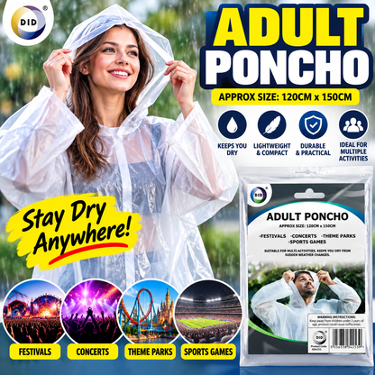 Adult Waterproof Rain Poncho 120 x 150cm – Lightweight Hooded Emergency Rain Cover for Festivals, Concerts, Theme Parks, Sports, Travel & Outdoor Events
