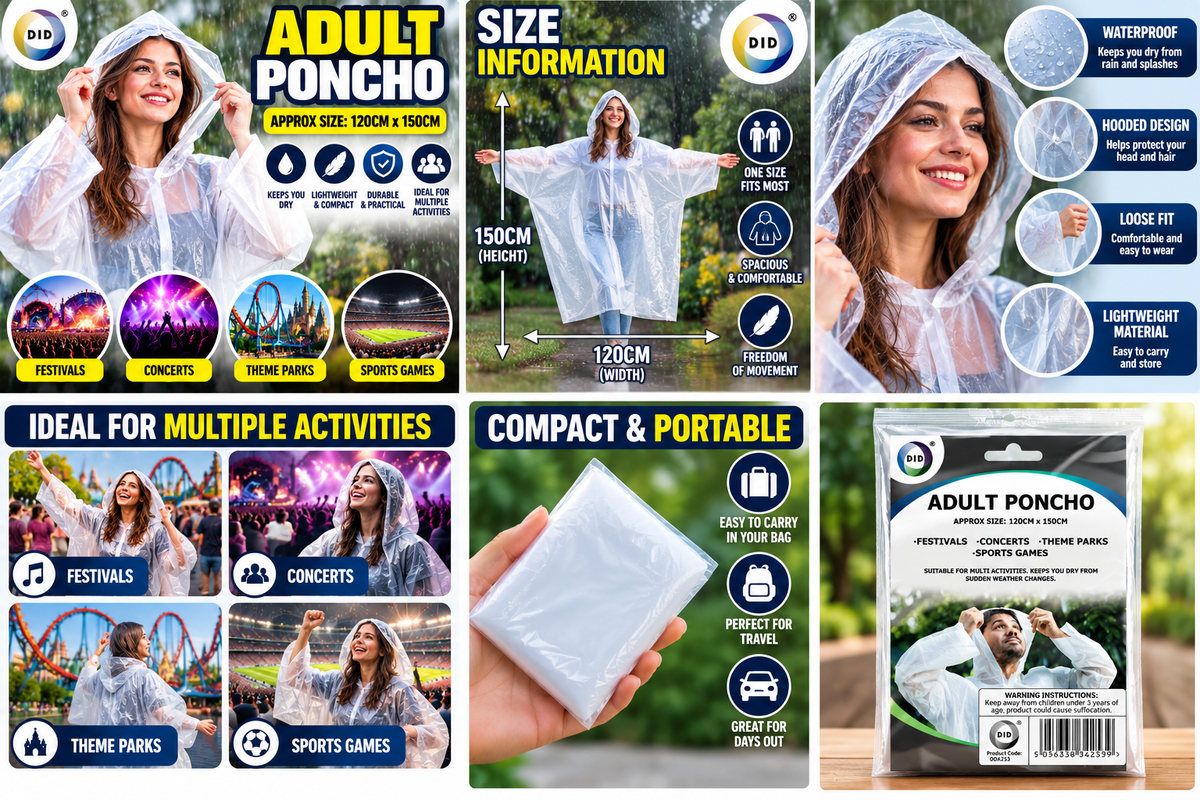 Adult Waterproof Rain Poncho 120 x 150cm – Lightweight Hooded Emergency Rain Cover for Festivals, Concerts, Theme Parks, Sports, Travel & Outdoor Events