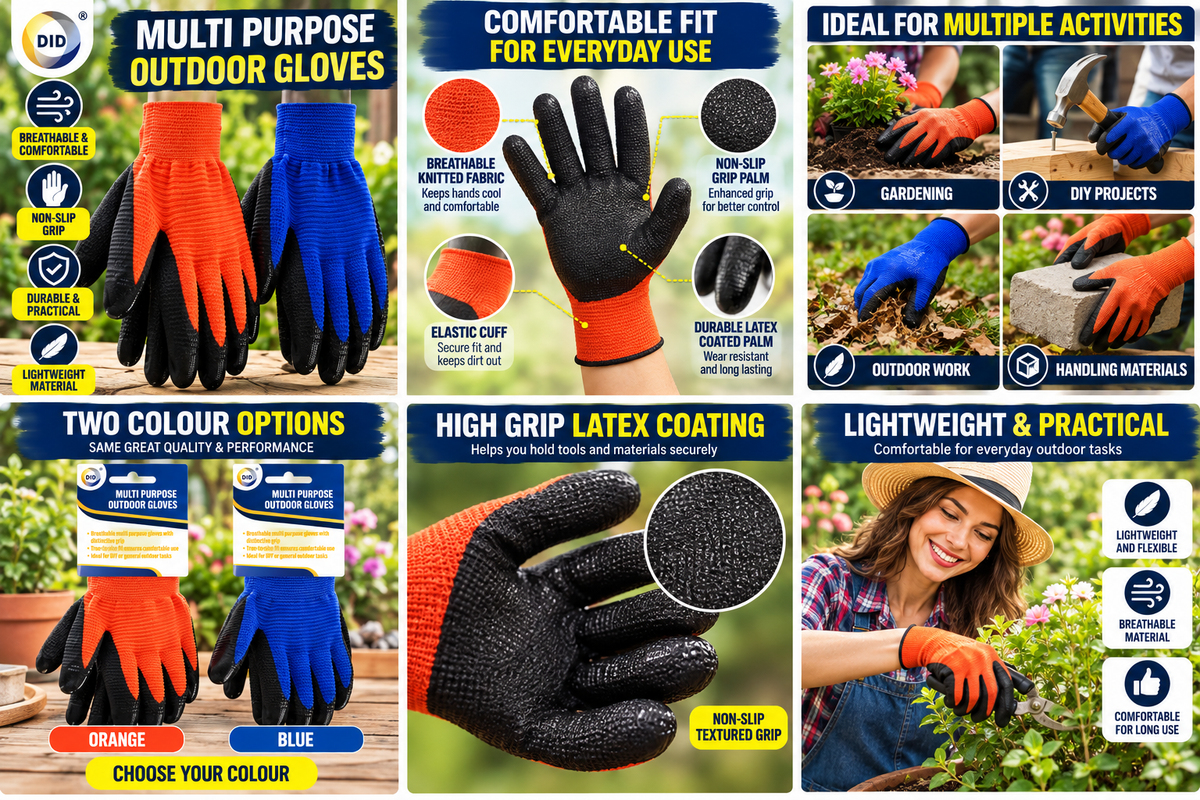 Multi-Purpose Outdoor Work Gloves – Breathable Non-Slip Grip Gardening & DIY Gloves | Latex Coated Palm, Orange or Blue