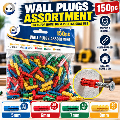 150PC Wall Plugs Assortment – 5mm, 6mm, 7mm & 8mm Colour Coded Plastic Wall Anchors for Screws, Shelves, Pictures, Curtain Rails & DIY Fixings