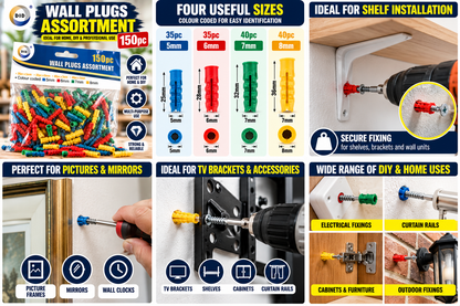 150PC Wall Plugs Assortment – 5mm, 6mm, 7mm & 8mm Colour Coded Plastic Wall Anchors for Screws, Shelves, Pictures, Curtain Rails & DIY Fixings