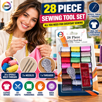 28 Piece Sewing Kit – 24 Assorted Colour Thread Spools, 3 Hand Sewing Needles & Needle Threader | Compact Sewing Repair Set for Clothes, Crafts, Home & Travel