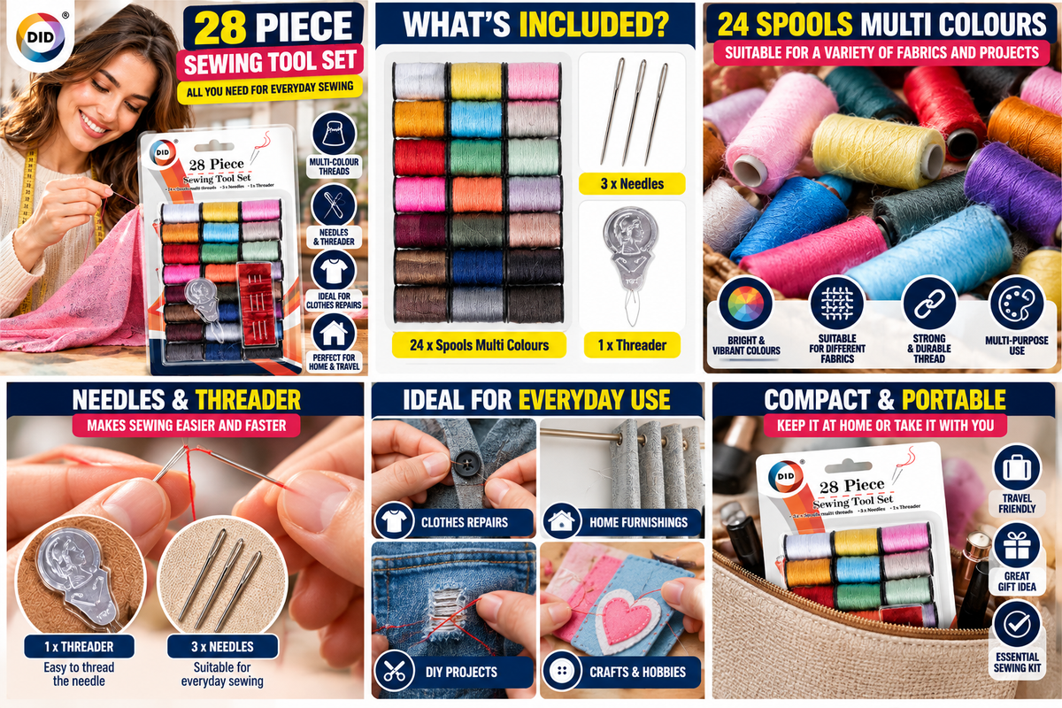 28 Piece Sewing Kit – 24 Assorted Colour Thread Spools, 3 Hand Sewing Needles & Needle Threader | Compact Sewing Repair Set for Clothes, Crafts, Home & Travel