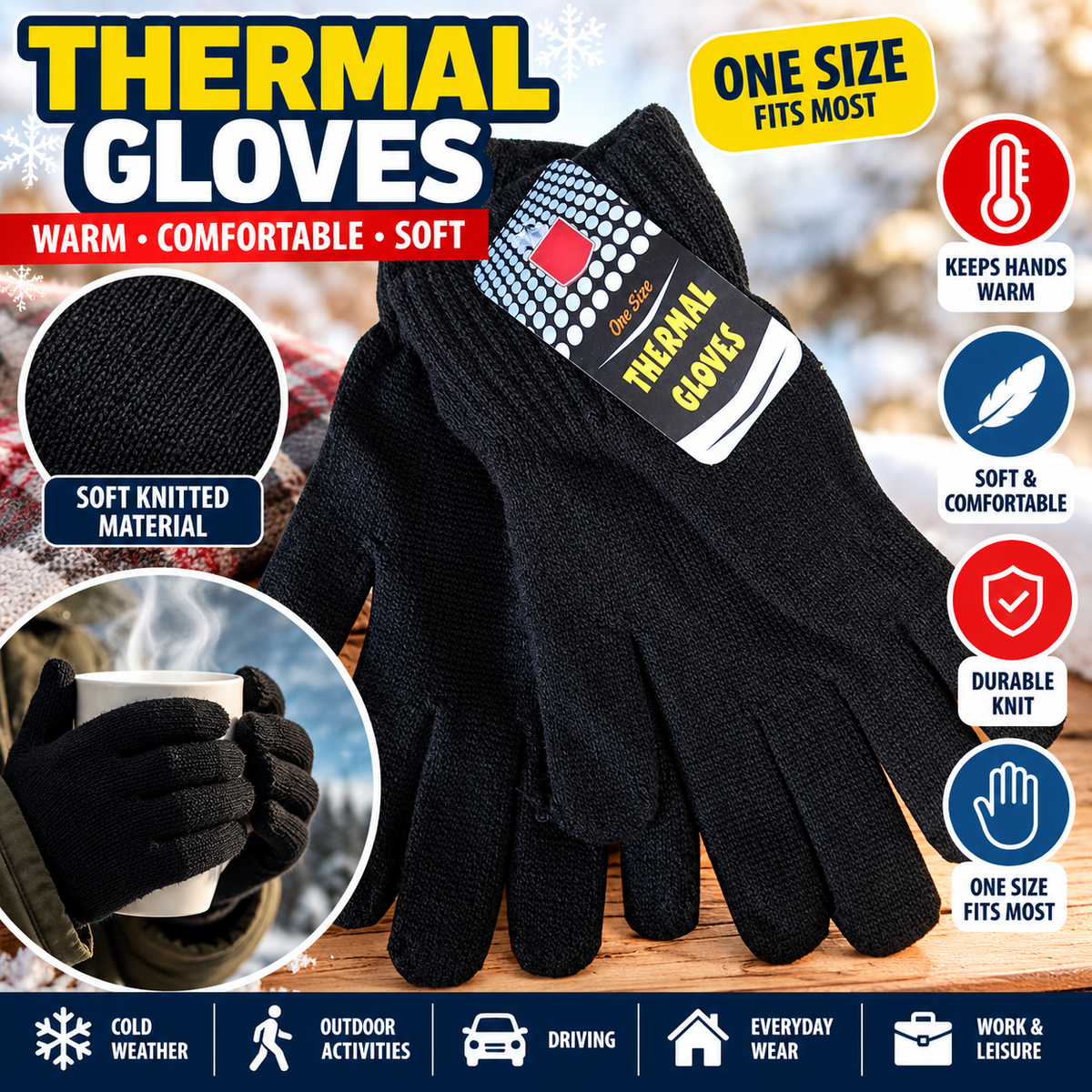 Black Thermal Gloves One Size – Warm Soft Knitted Winter Gloves for Men & Women | Everyday, Walking, Driving, Outdoor & Cold Weather Use
