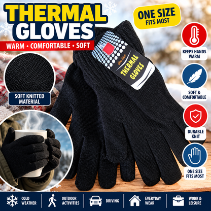Black Thermal Gloves One Size – Warm Soft Knitted Winter Gloves for Men & Women | Everyday, Walking, Driving, Outdoor & Cold Weather Use