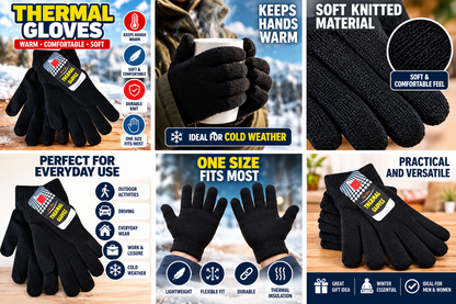 Black Thermal Gloves One Size – Warm Soft Knitted Winter Gloves for Men & Women | Everyday, Walking, Driving, Outdoor & Cold Weather Use