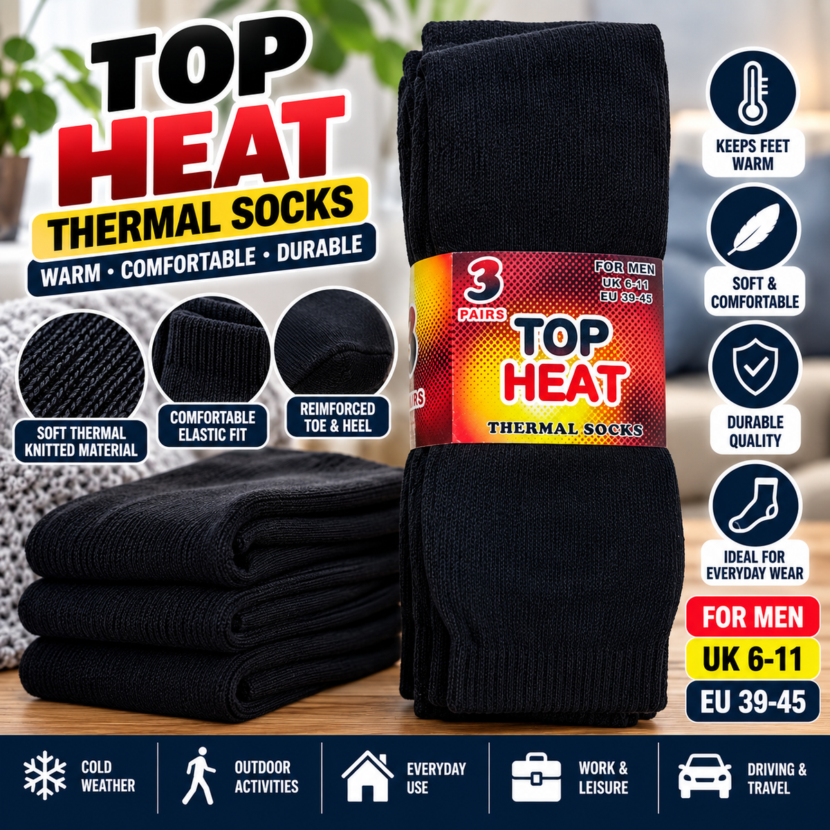 3 Pairs Men’s Thermal Socks UK 6–11 / EU 39–45 – Top Heat Warm Black Winter Socks | Soft Cosy Everyday Work, Walking & Cold Weather Socks