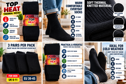 3 Pairs Men’s Thermal Socks UK 6–11 / EU 39–45 – Top Heat Warm Black Winter Socks | Soft Cosy Everyday Work, Walking & Cold Weather Socks