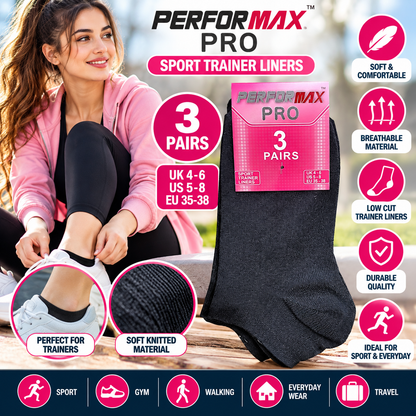 3 Pairs Women’s Sport Trainer Liner Socks UK 4–6 / EU 35–38 – Performax Pro Black Low Cut Ankle Socks | Soft Everyday Gym, Walking & Trainer Socks
