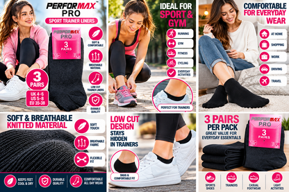 3 Pairs Women’s Sport Trainer Liner Socks UK 4–6 / EU 35–38 – Performax Pro Black Low Cut Ankle Socks | Soft Everyday Gym, Walking & Trainer Socks