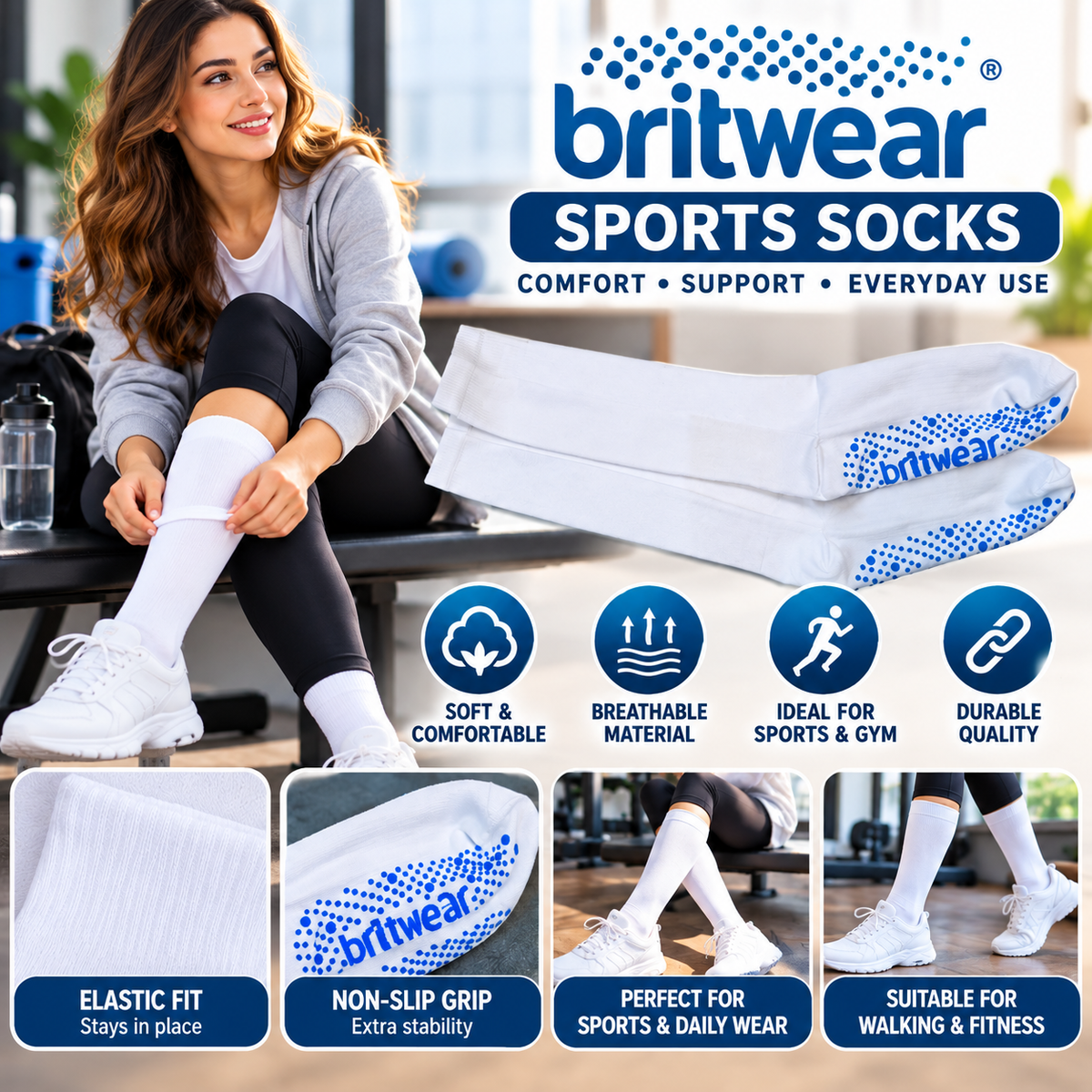 Britwear White Grip Socks UK 4–7 – Non-Slip Sole Everyday Socks | Ladies Sports, Yoga, Pilates, Gym & Home Socks – 1 Pair
