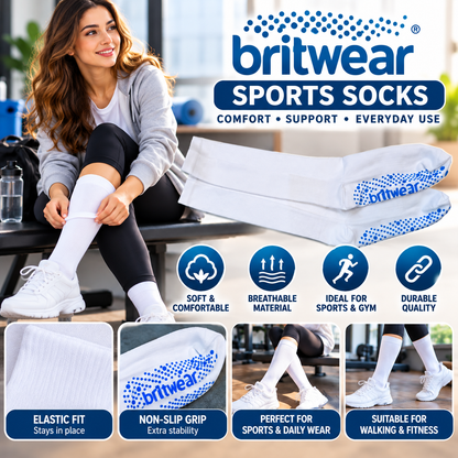 Britwear White Grip Socks UK 4–7 – Non-Slip Sole Everyday Socks | Ladies Sports, Yoga, Pilates, Gym & Home Socks – 1 Pair