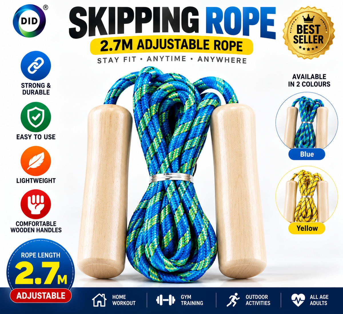 2.7m Skipping Rope with Wooden Handles – Lightweight Jump Rope for Fitness, Cardio, Gym & Home Workouts