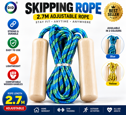 2.7m Skipping Rope with Wooden Handles – Lightweight Jump Rope for Fitness, Cardio, Gym & Home Workouts