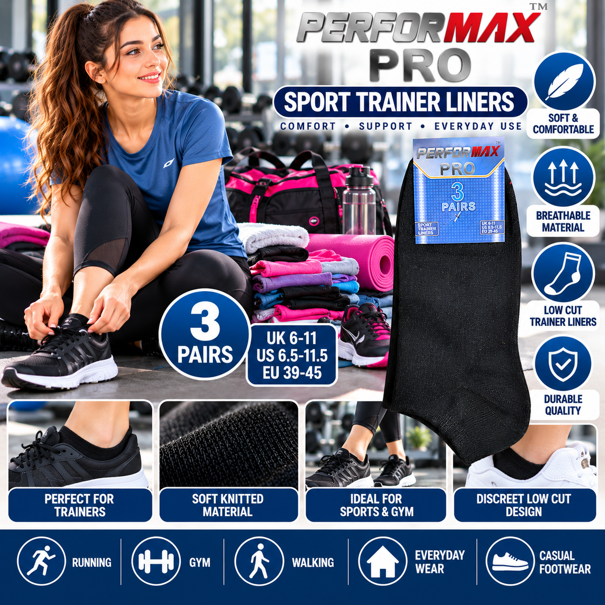 3 Pairs Men’s Sport Trainer Liner Socks UK 6–11 / EU 39–45 – Performax Pro Black Low Cut Ankle Socks | Gym, Running, Walking & Everyday Socks