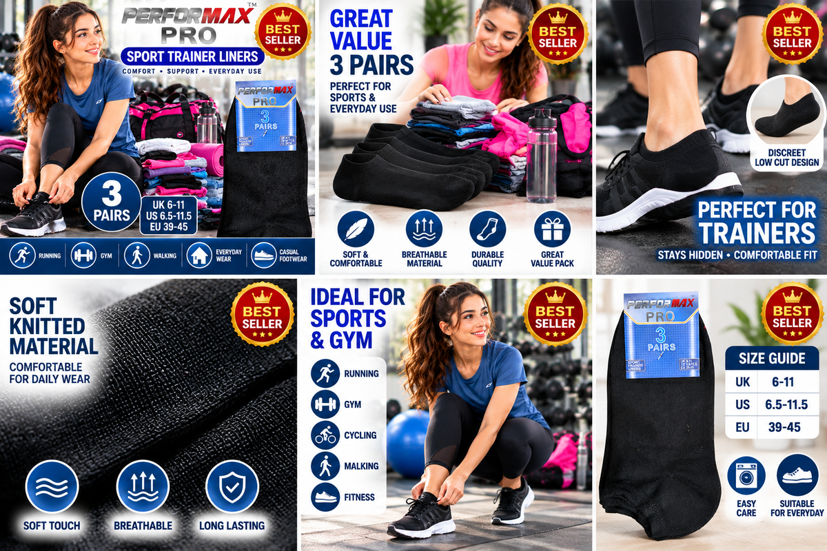 3 Pairs Men’s Sport Trainer Liner Socks UK 6–11 / EU 39–45 – Performax Pro Black Low Cut Ankle Socks | Gym, Running, Walking & Everyday Socks