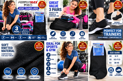 3 Pairs Men’s Sport Trainer Liner Socks UK 6–11 / EU 39–45 – Performax Pro Black Low Cut Ankle Socks | Gym, Running, Walking & Everyday Socks