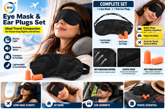 Travel Eye Mask & Ear Plugs Set (Black colour)– Lightweight Sleep Mask with Soft Foam Earplugs for Flights, Holidays, Home, Hotels & Travel